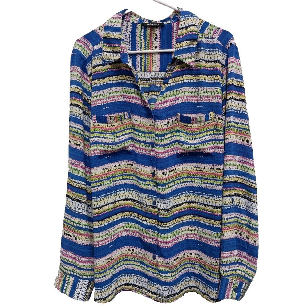 Relativity Womens Blouse Top XL Colorful Rainbow Striped Long Sleeve BOHO
